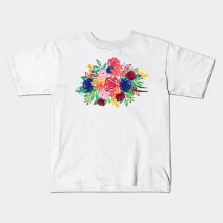 Navy Blue and Red watercolor boho chic Flowers hand paint Kids T-Shirt